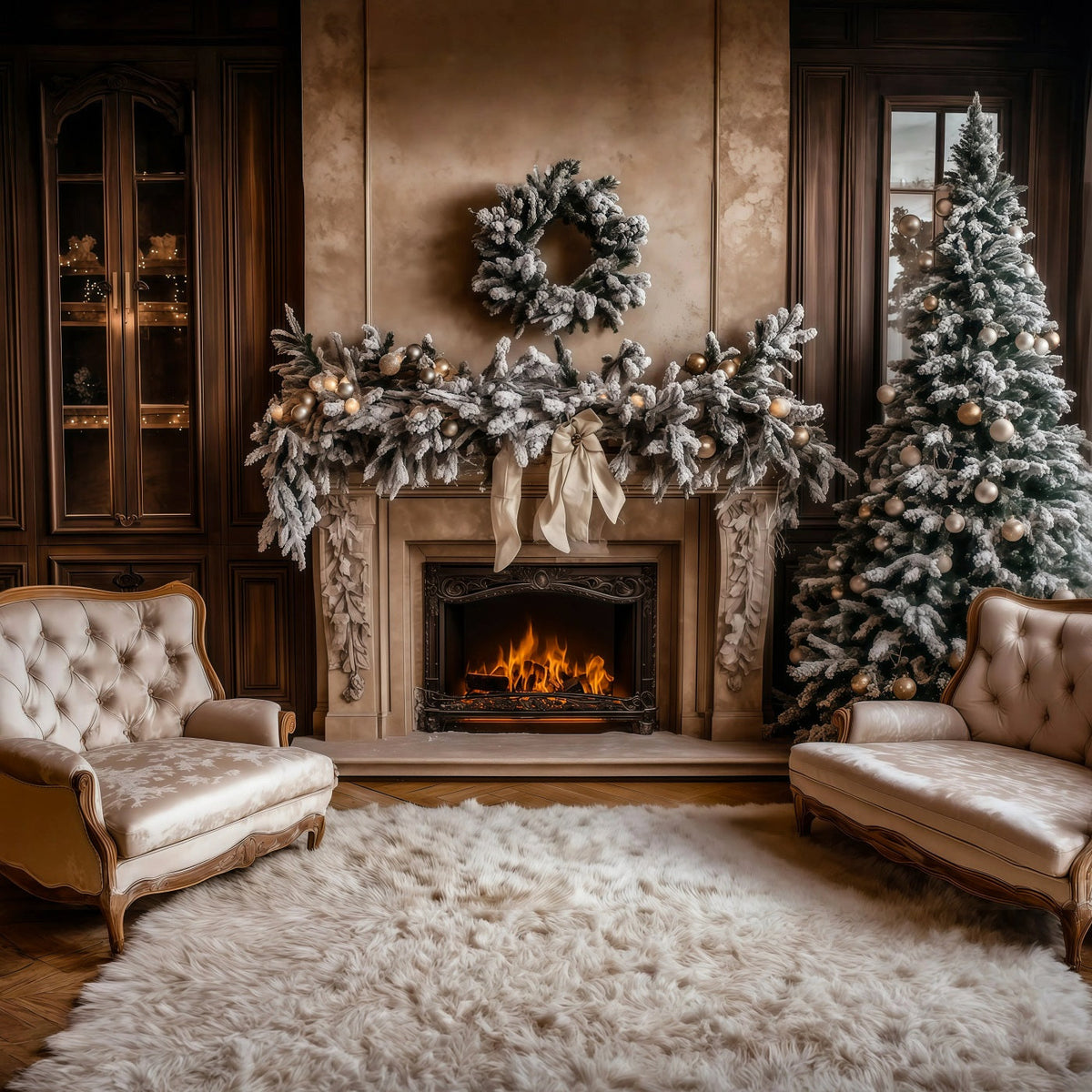 Weihnachts-Wohnzimmer-Hintergrund Kamin Weiße Girlande Weihnachts-Fotografie-Hintergründe RR69-50