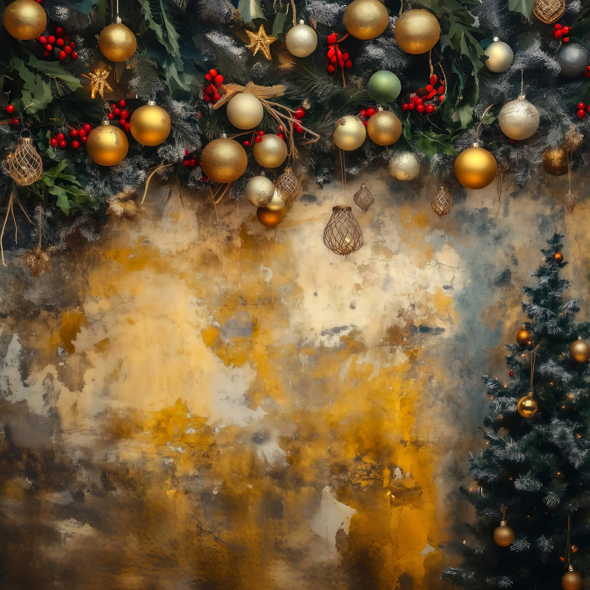 Weihnachtskugel-Hintergrund Goldene Ornamentgirlande Wand Studiohintergründe Weihnachten RR69-56
