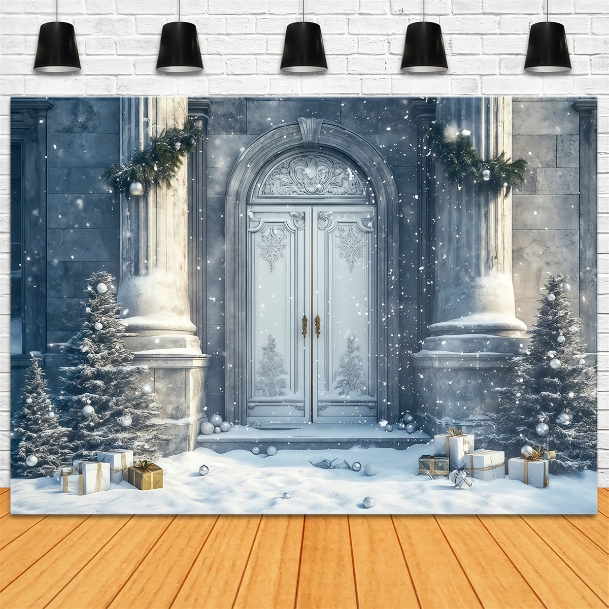 Weihnachtshaus-Kulisse Eingang Zum Verschneiten Palast Weihnachtsfotohintergrund RR69-57