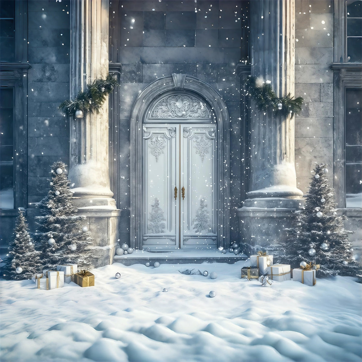 Weihnachtshaus-Kulisse Eingang Zum Verschneiten Palast Weihnachtsfotohintergrund RR69-57