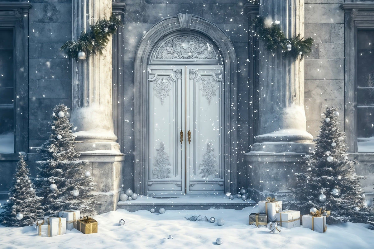Weihnachtshaus-Kulisse Eingang Zum Verschneiten Palast Weihnachtsfotohintergrund RR69-57