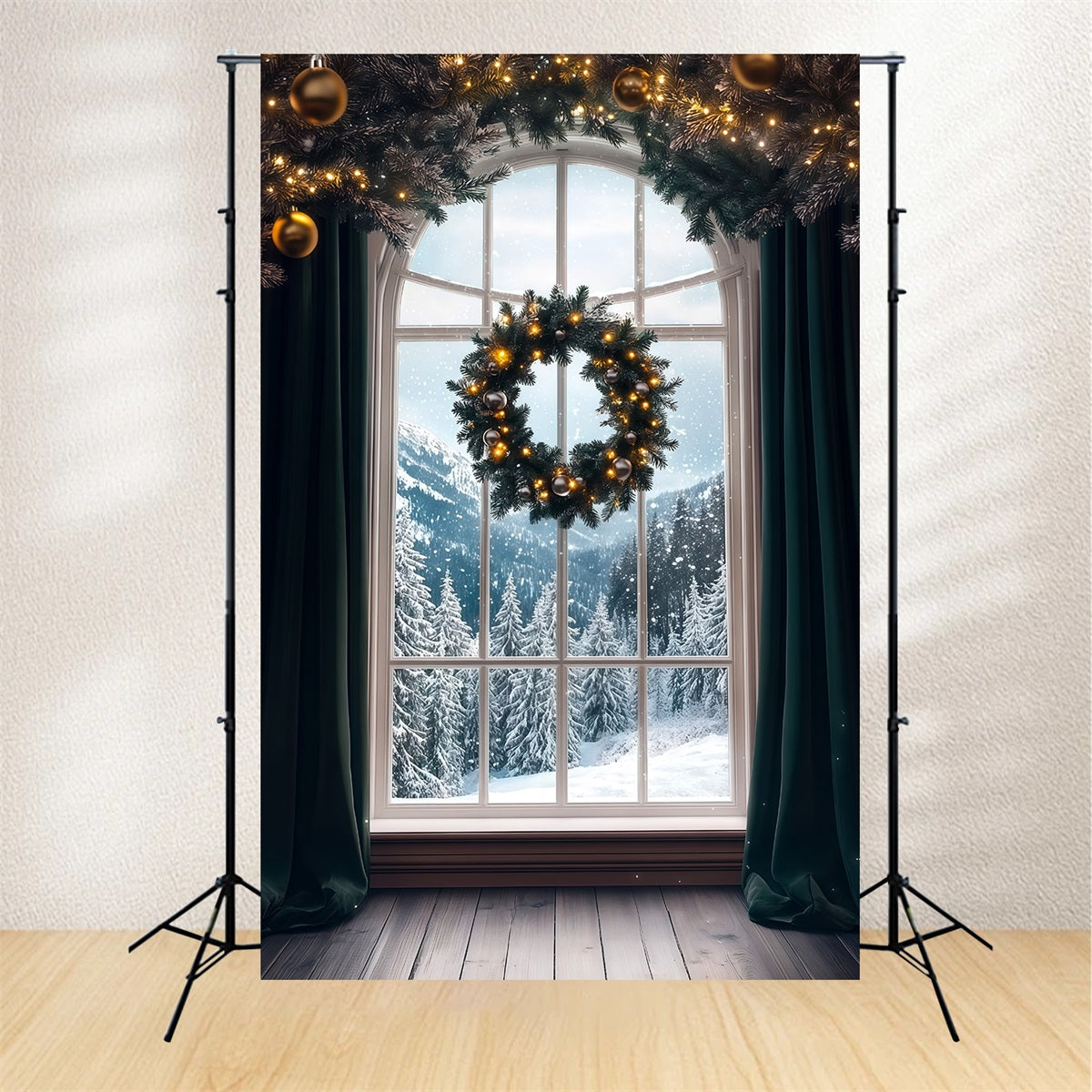 Weihnachtsfenster-Hintergrund Schneeblick Auf Den Wreath Mountain Weihnachts-Fotohintergründe RR69-58