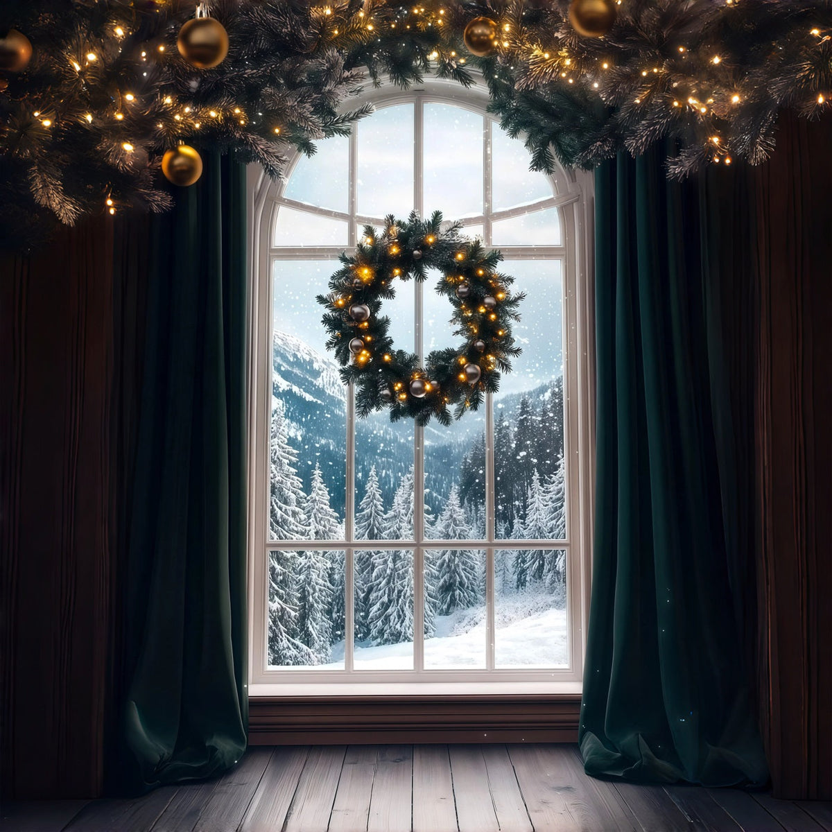 Weihnachtsfenster-Hintergrund Schneeblick Auf Den Wreath Mountain Weihnachts-Fotohintergründe RR69-58