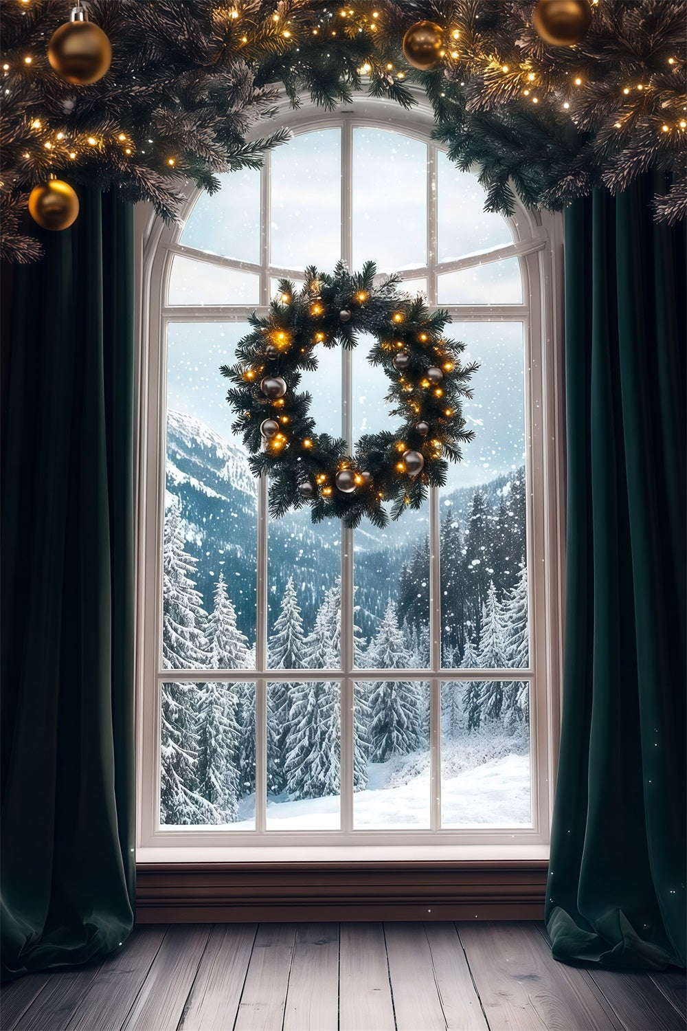 Weihnachtsfenster-Hintergrund Schneeblick Auf Den Wreath Mountain Weihnachts-Fotohintergründe RR69-58