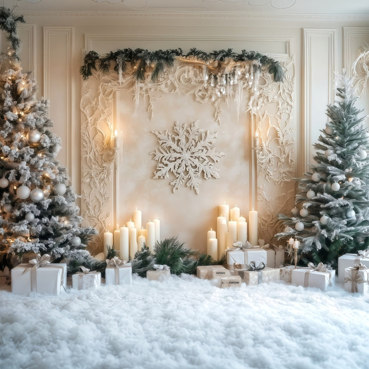 Hintergrund Mit Weißem Weihnachtsbaum Wand Mit Mattiertem Kerzen-Schneeflockenmuster Weihnachtsfotohintergrund RR69-6