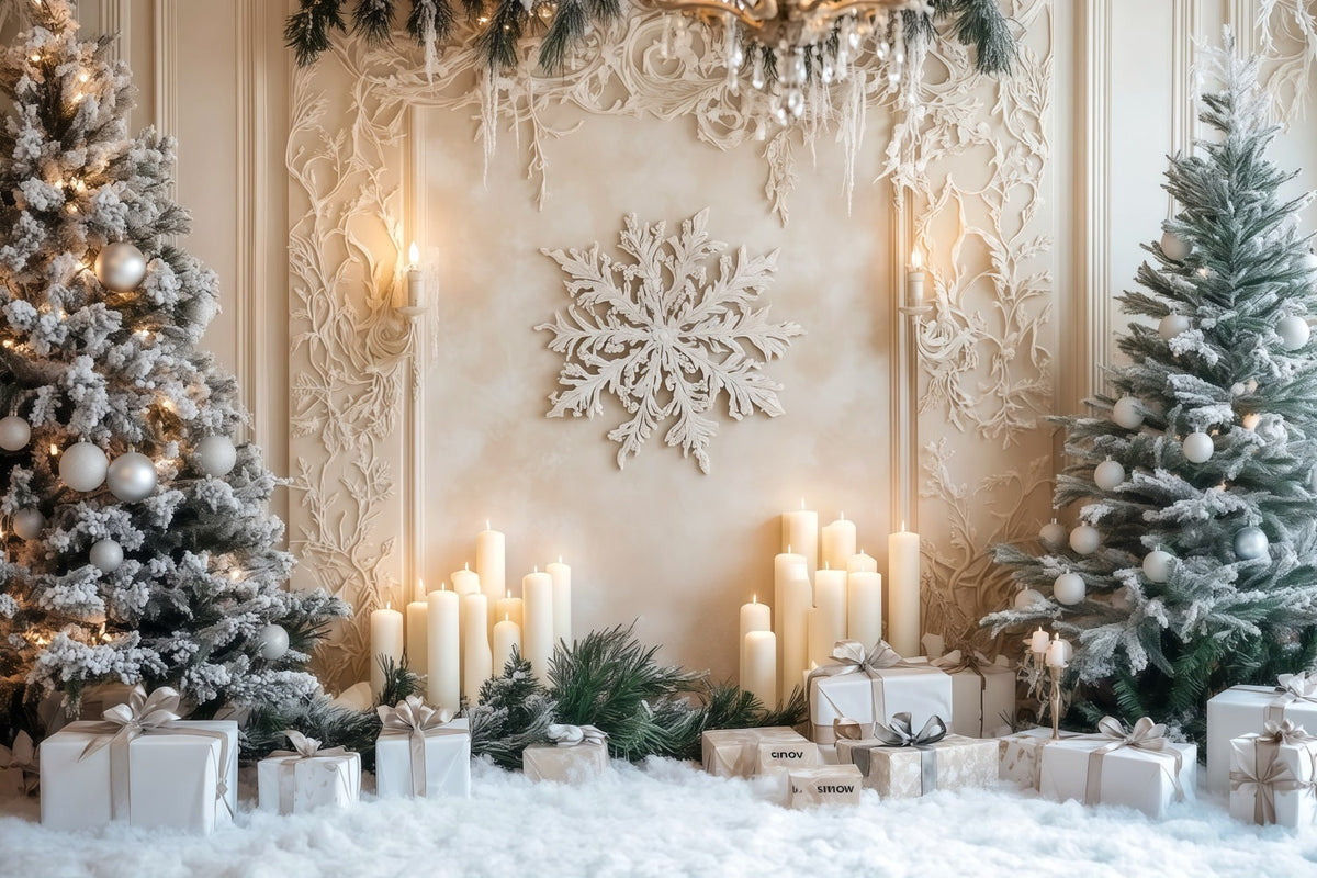 Hintergrund Mit Weißem Weihnachtsbaum Wand Mit Mattiertem Kerzen-Schneeflockenmuster Weihnachtsfotohintergrund RR69-6