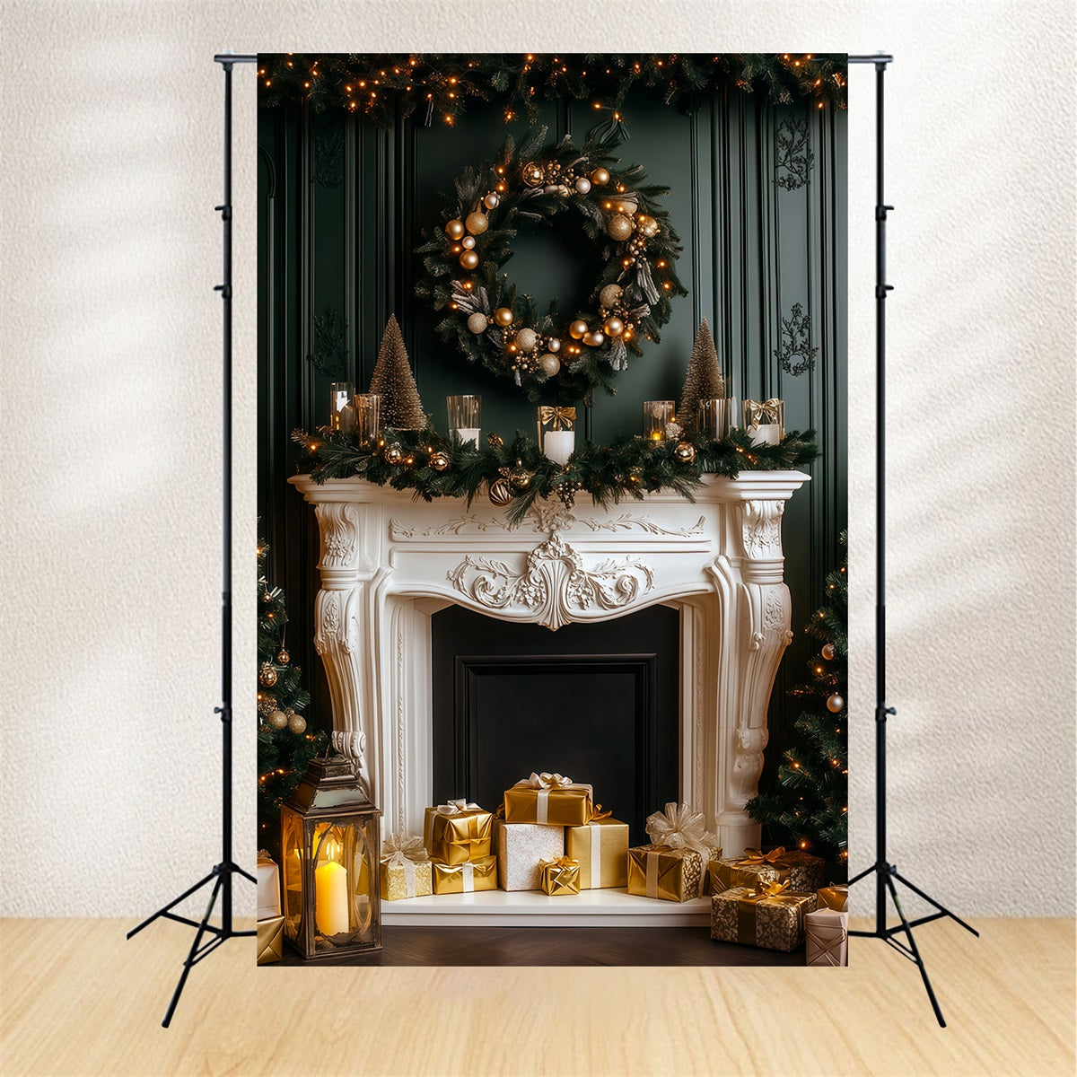 Weihnachtliche Kaminkulisse Elegantes Dunkles Kaminfeuer Studio-Weihnachtskulisse RR69-60
