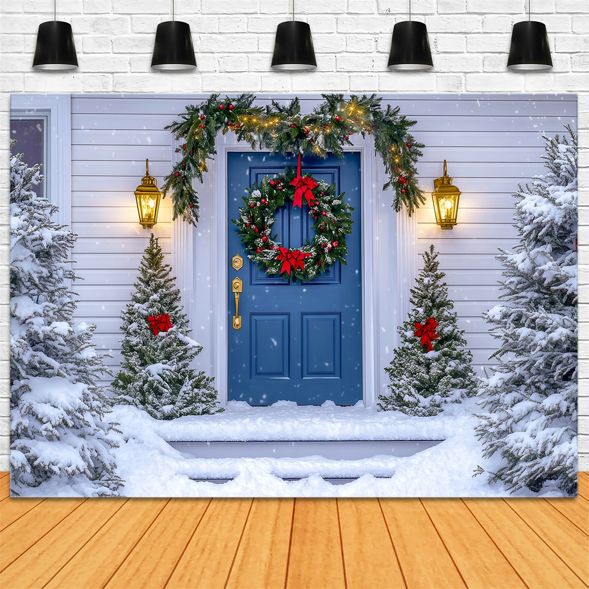 Weihnachtshaus-Kulisse Blauer Türkranz Weihnachtsfotohintergrund RR69-63