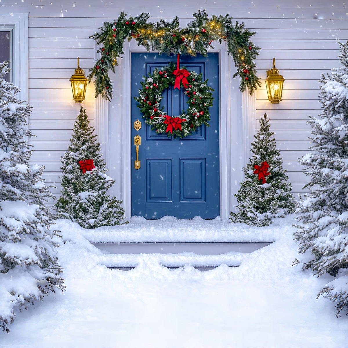Weihnachtshaus-Kulisse Blauer Türkranz Weihnachtsfotohintergrund RR69-63