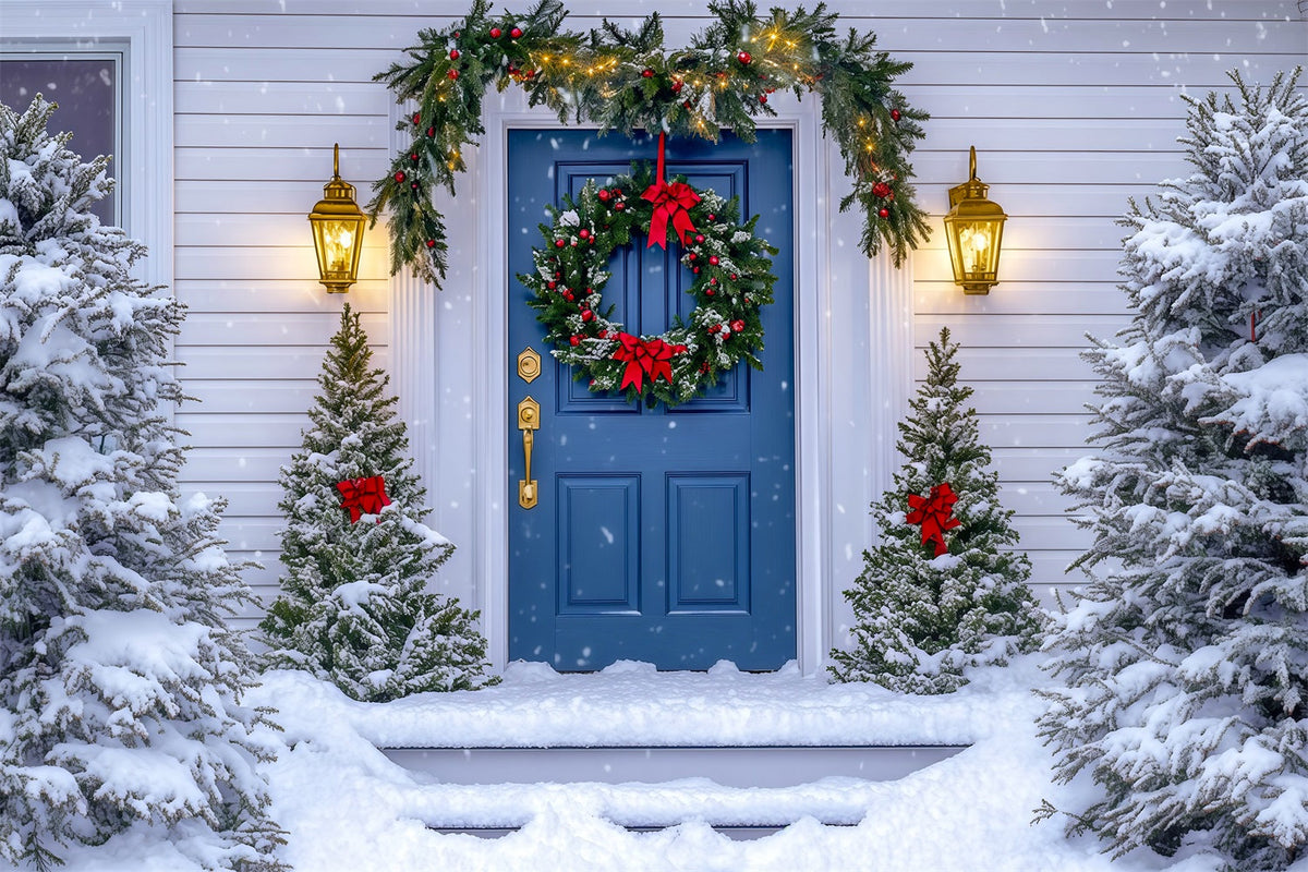 Weihnachtshaus-Kulisse Blauer Türkranz Weihnachtsfotohintergrund RR69-63