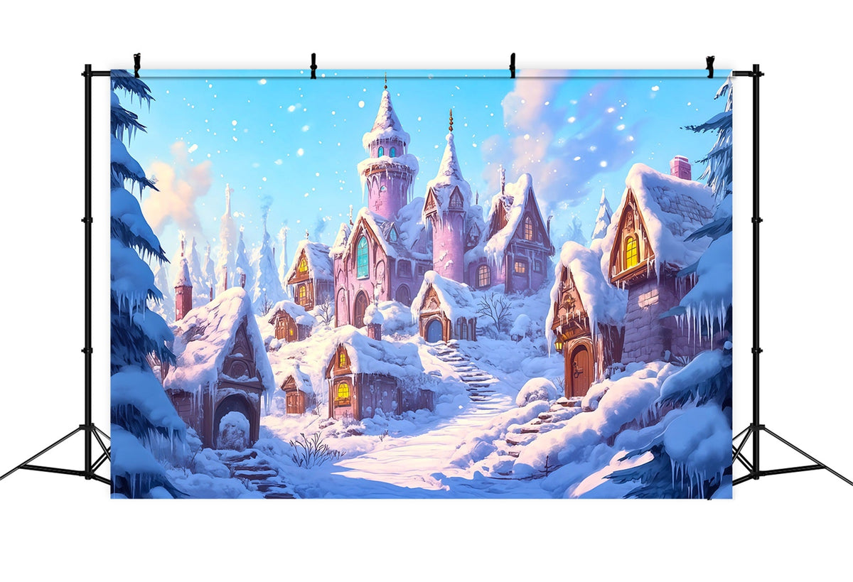 Rosa Weihnachtshintergrund Schloss Im Verschneiten Dorf Große Weihnachtskulissen RR69-64