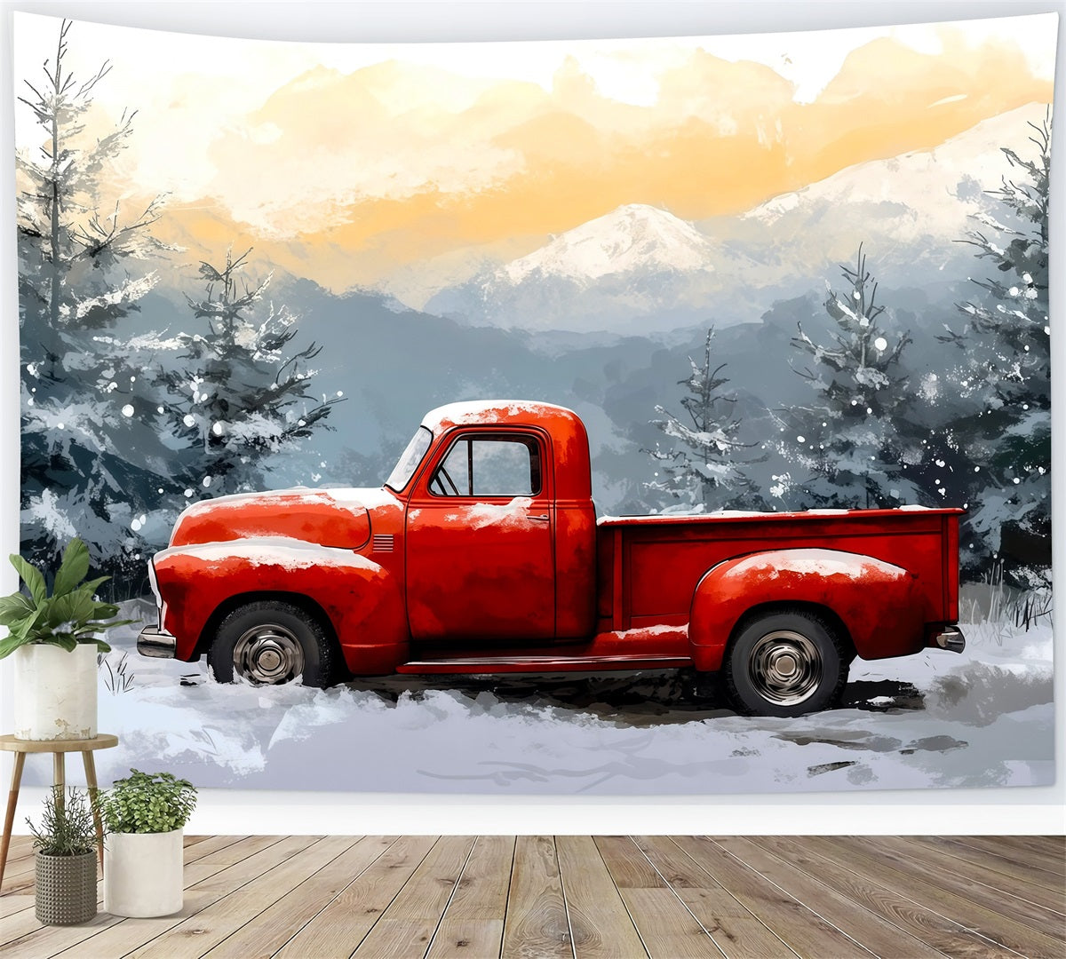 Weihnachtskulisse Mit Rotem Truck Winterlicher Verschneiter Wald Weihnachtswand-Hintergrund RR69-65