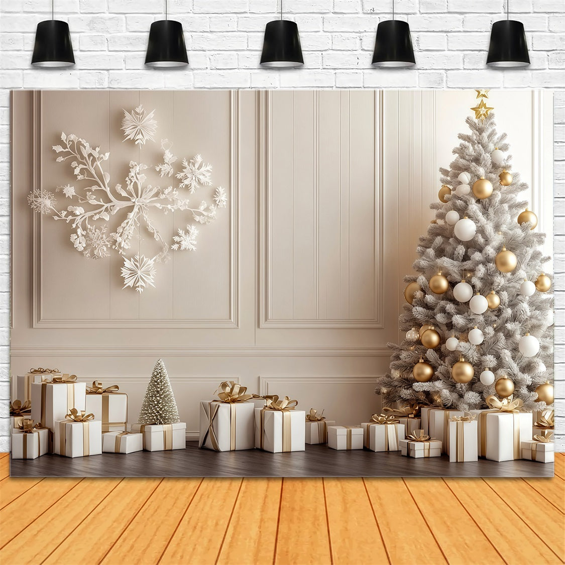 Weihnachtswand-Hintergrund Weißgoldene Baumdekoration Große Weihnachtskulissen RR69-7