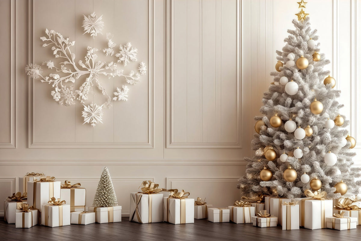 Weihnachtswand-Hintergrund Weißgoldene Baumdekoration Große Weihnachtskulissen RR69-7