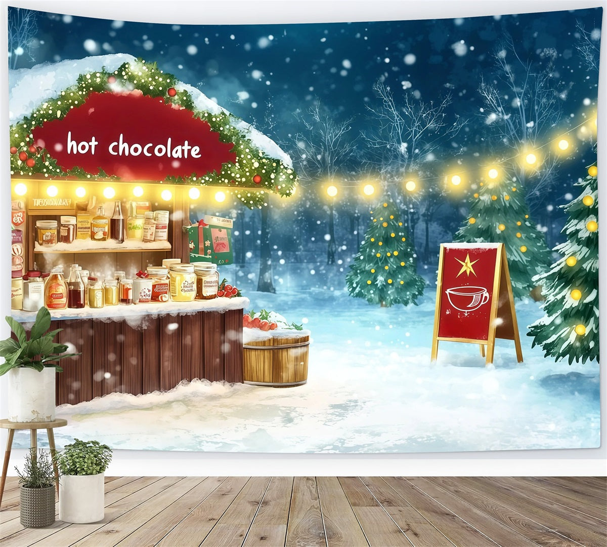 Verschneite Weihnachtskulisse Markt Für Heiße Schokolade Weihnachts-Fotografie-Hintergründe RR69-70