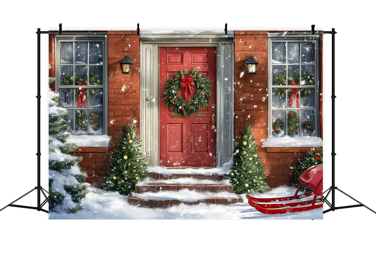 Weihnachtshaus-Kulisse Schneerote Tür Schlitten Weihnachts-Wandhintergründe RR69-72