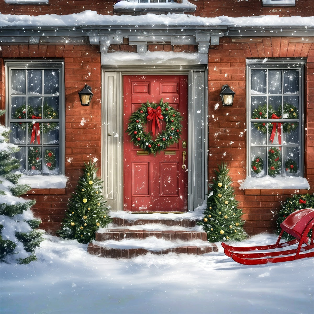 Weihnachtshaus-Kulisse Schneerote Tür Schlitten Weihnachts-Wandhintergründe RR69-72
