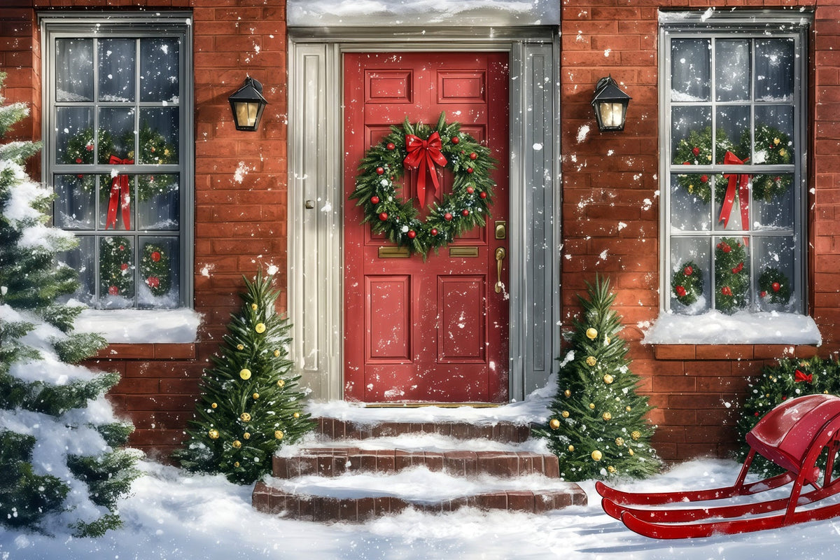 Weihnachtshaus-Kulisse Schneerote Tür Schlitten Weihnachts-Wandhintergründe RR69-72