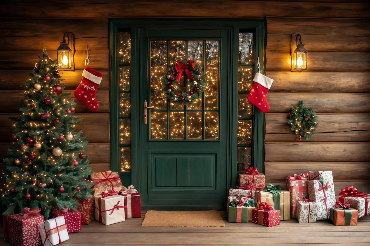 Weihnachtshütten-Kulisse Rustikale Grüne Eingangstür Weihnachtsstudio-Hintergrund RR69-73