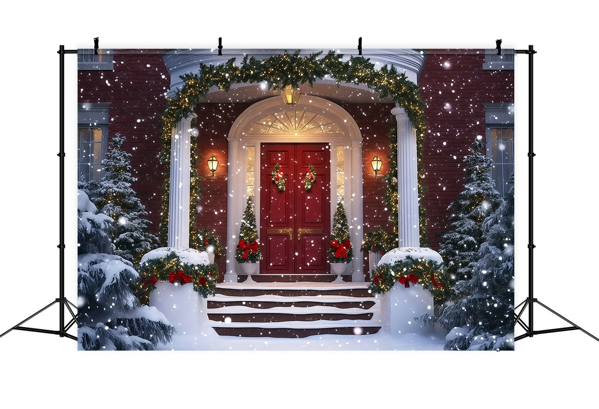 Weihnachtshaus-Kulisse Schneebedeckter Eingangsgirlande Weihnachtsfotohintergrund RR69-74