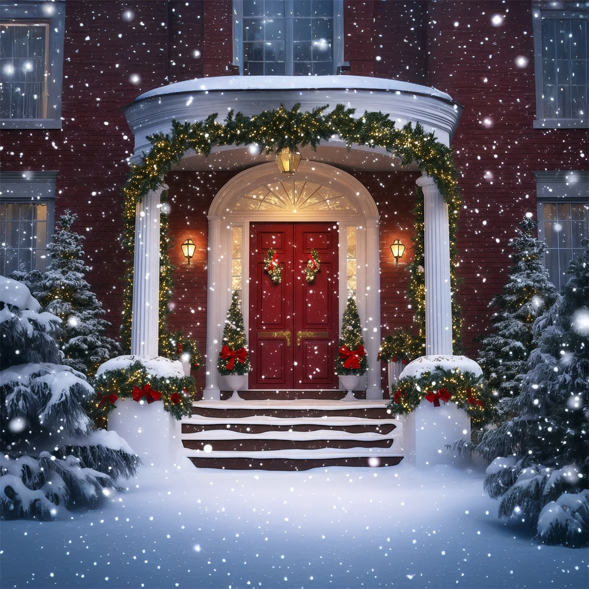 Weihnachtshaus-Kulisse Schneebedeckter Eingangsgirlande Weihnachtsfotohintergrund RR69-74