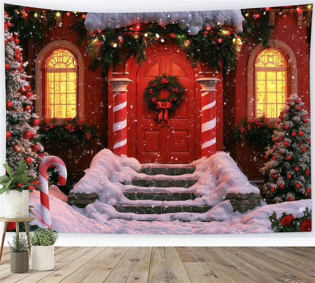 Winterliche Weihnachtskulisse Zuckerstangenrote Tür Eingang Weihnachtskulisse Für Den Innenbereich RR69-75