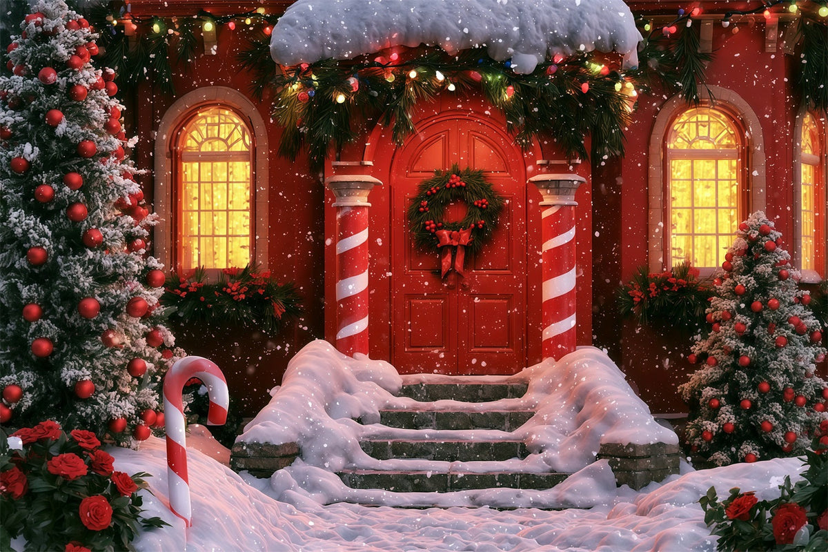 Winterliche Weihnachtskulisse Zuckerstangenrote Tür Eingang Weihnachtskulisse Für Den Innenbereich RR69-75