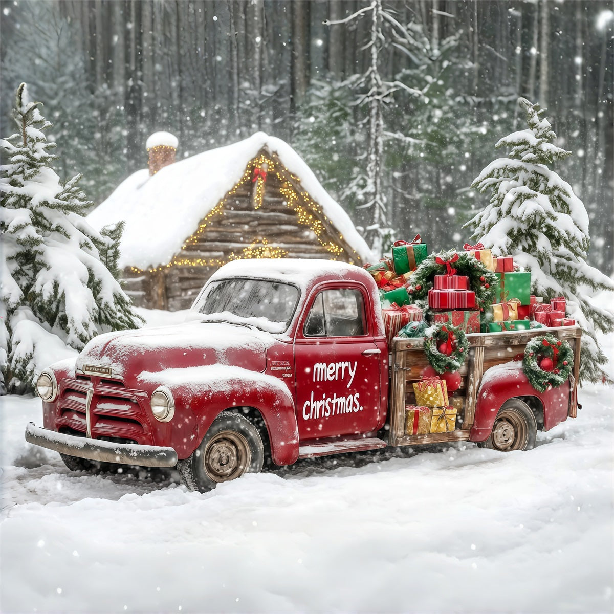 Weihnachtstruck-Hintergrund Geschenke Aus Dem Verschneiten Wald Auto Studiohintergründe Weihnachten RR69-76