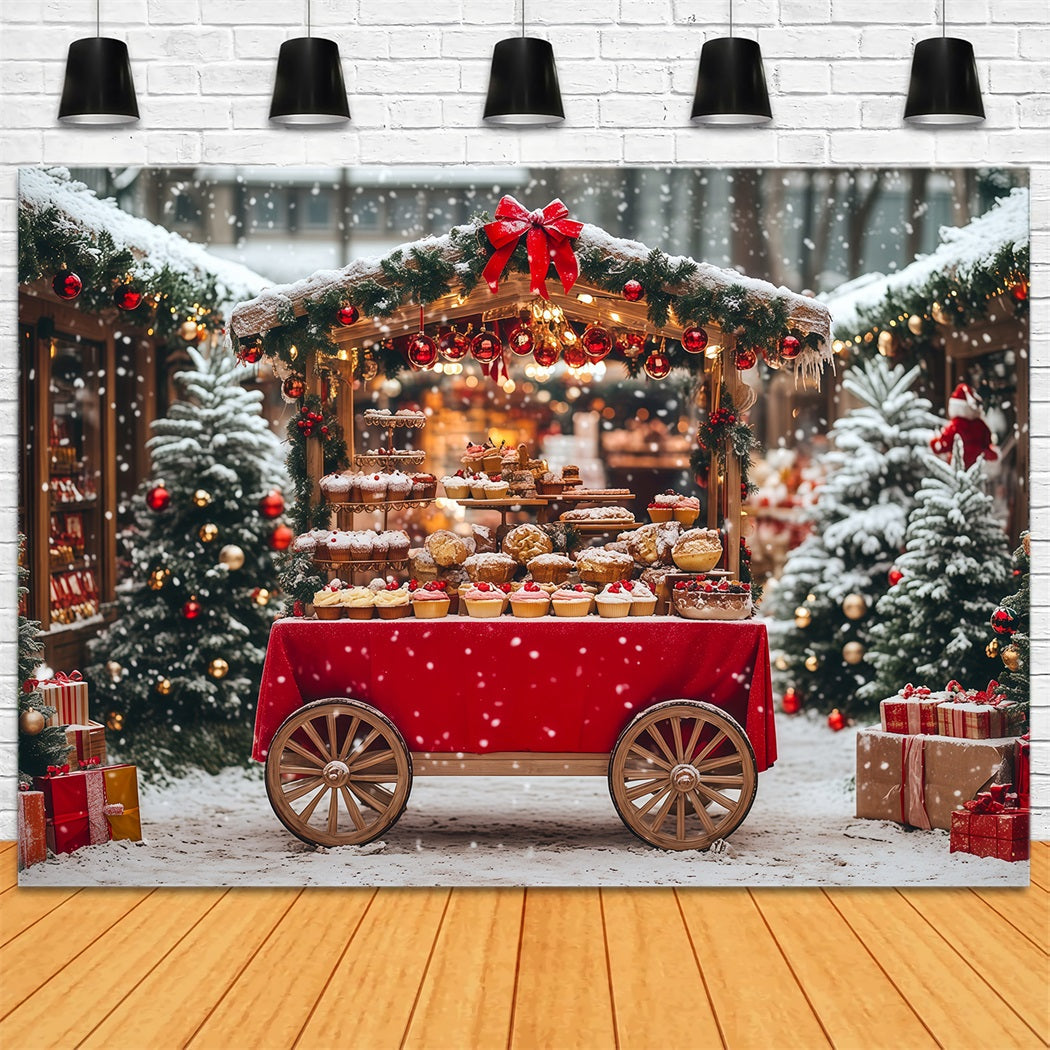 Verschneite Weihnachtskulisse Schneedessert-Wagenmarkt Weihnachtsfotohintergrund RR69-77