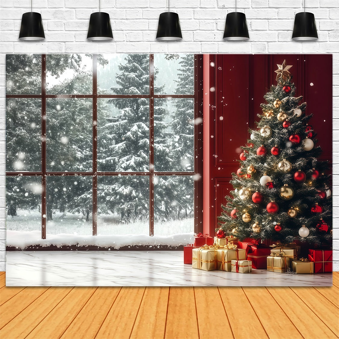 Weihnachtsfenster-Hintergrund Schneebedeckte Fensterbaumecke Weihnachtswand-Hintergrund RR69-8