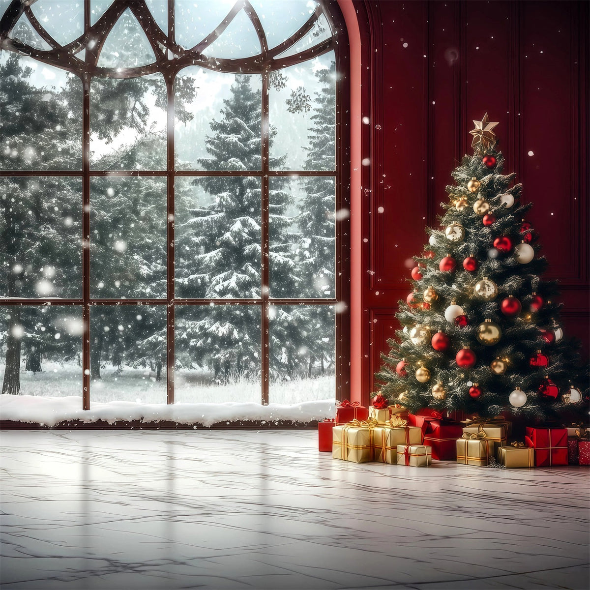 Weihnachtsfenster-Hintergrund Schneebedeckte Fensterbaumecke Weihnachtswand-Hintergrund RR69-8