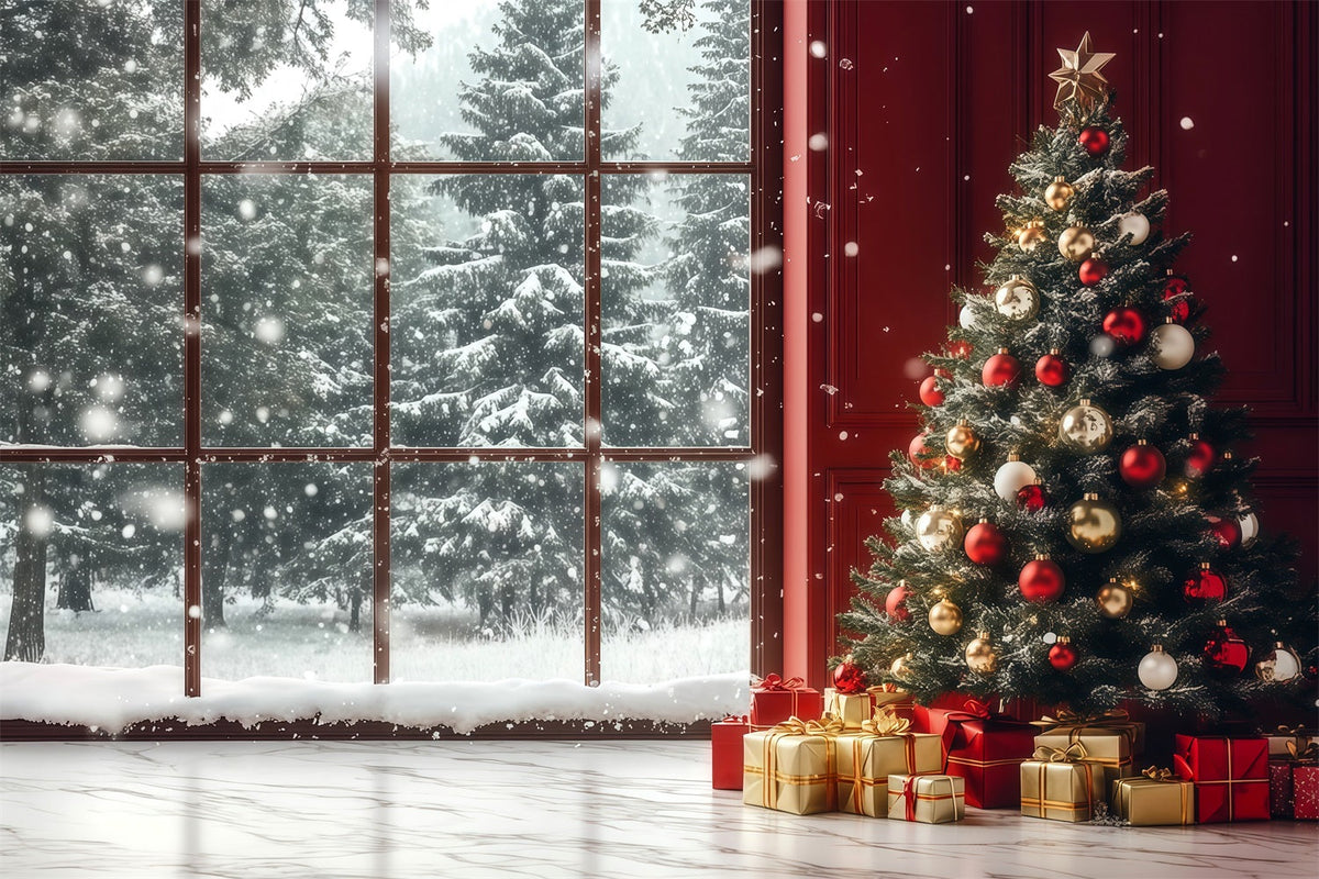 Weihnachtsfenster-Hintergrund Schneebedeckte Fensterbaumecke Weihnachtswand-Hintergrund RR69-8