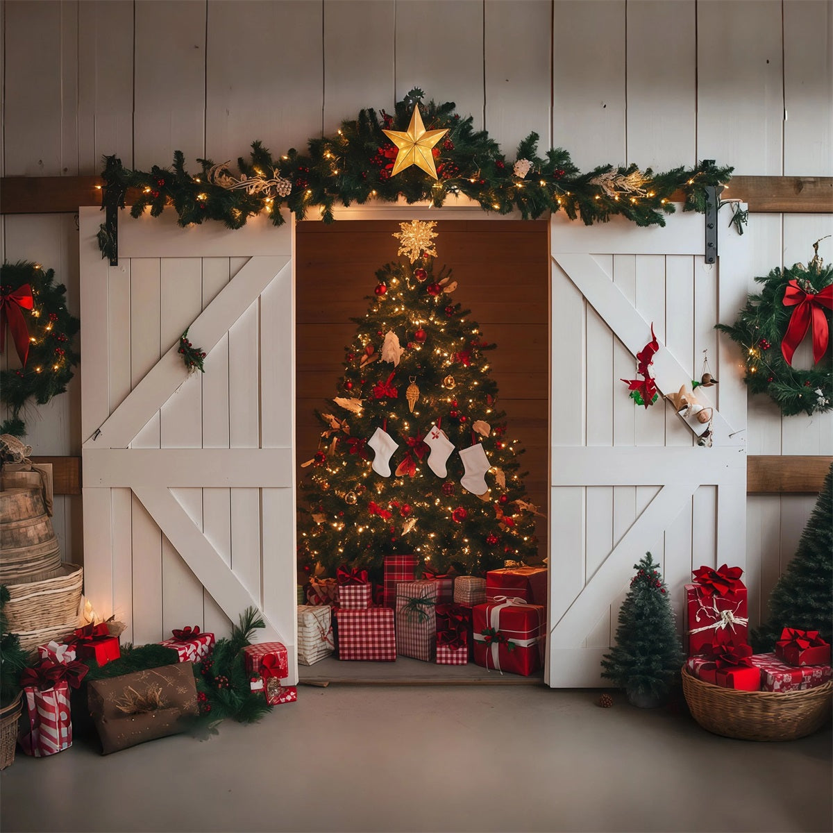 Weihnachts-Scheunentor-Hintergrund Rustikale Scheunenbaum-Ausstellung Professionelle Weihnachtskulisse RR69-86