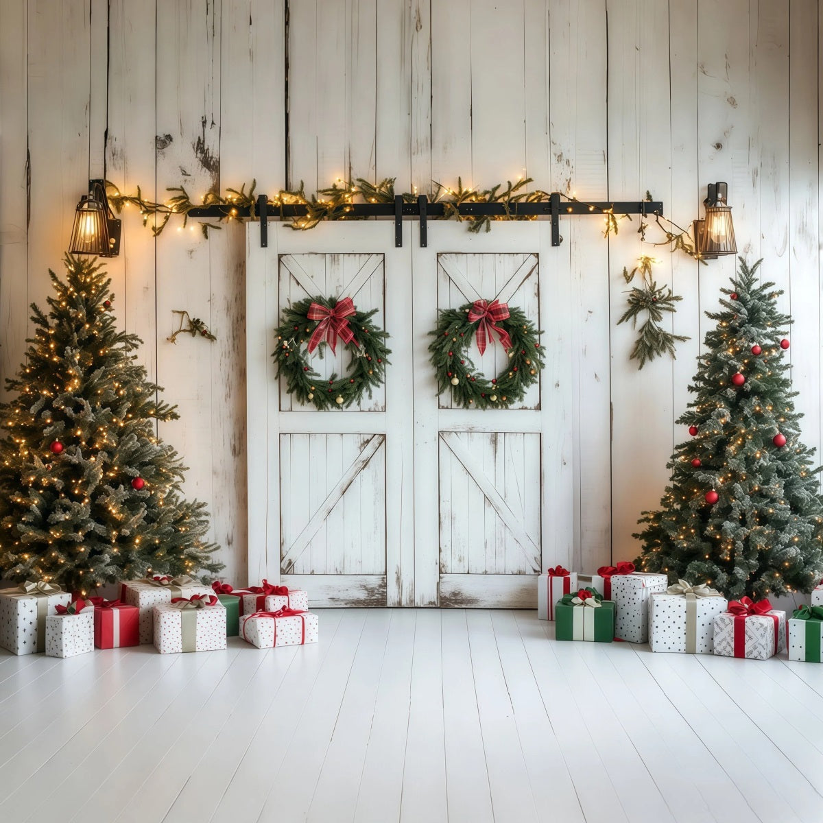 Weihnachts-Scheunentor-Hintergrund Rustikale Weiße Holzwand Weihnachtswand-Hintergrund RR69-87