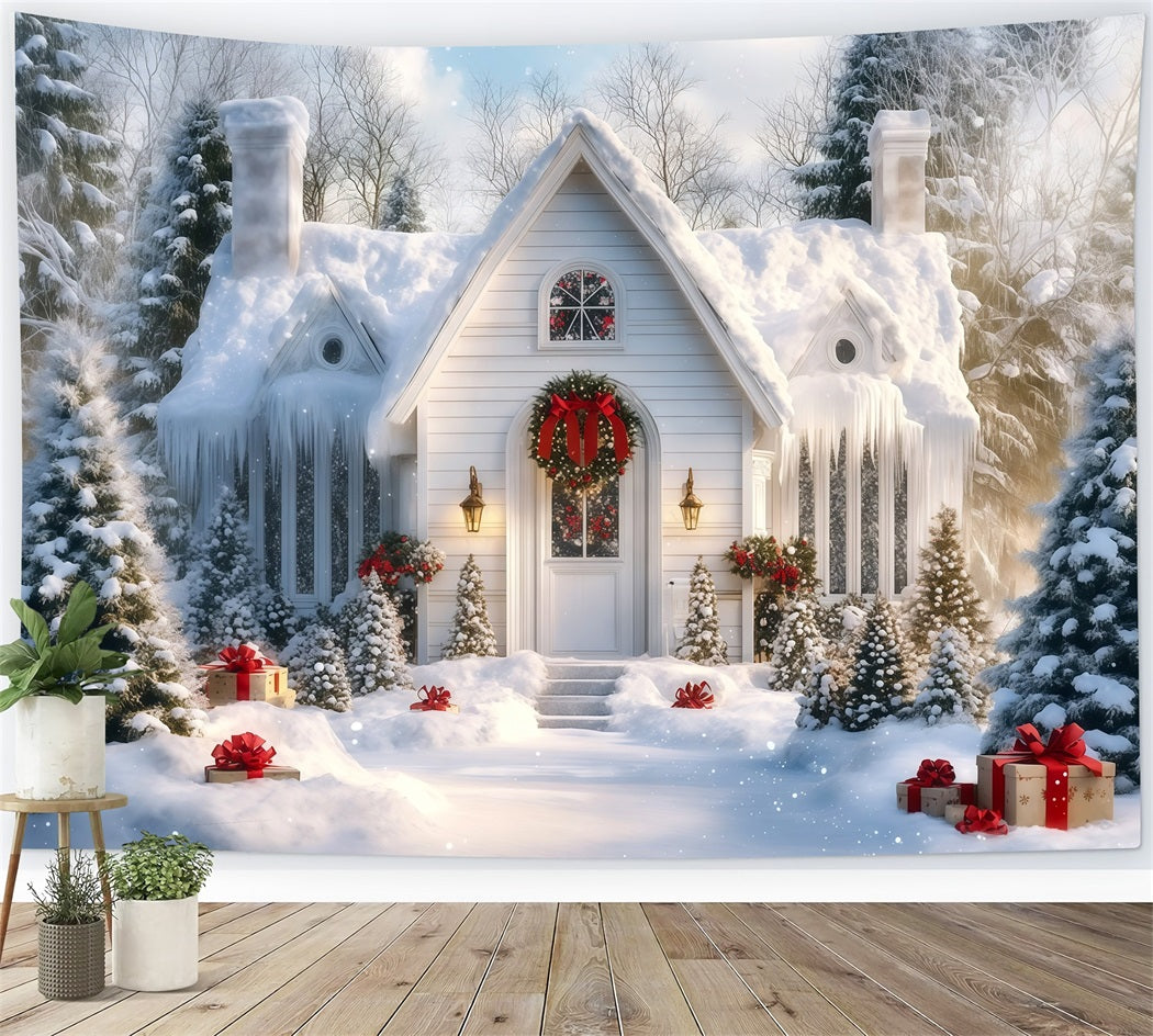 Verschneite Weihnachtskulisse Veranda Eines Winterweißen Ferienhauses Weihnachtshintergrund Aus Musselin RR69-88