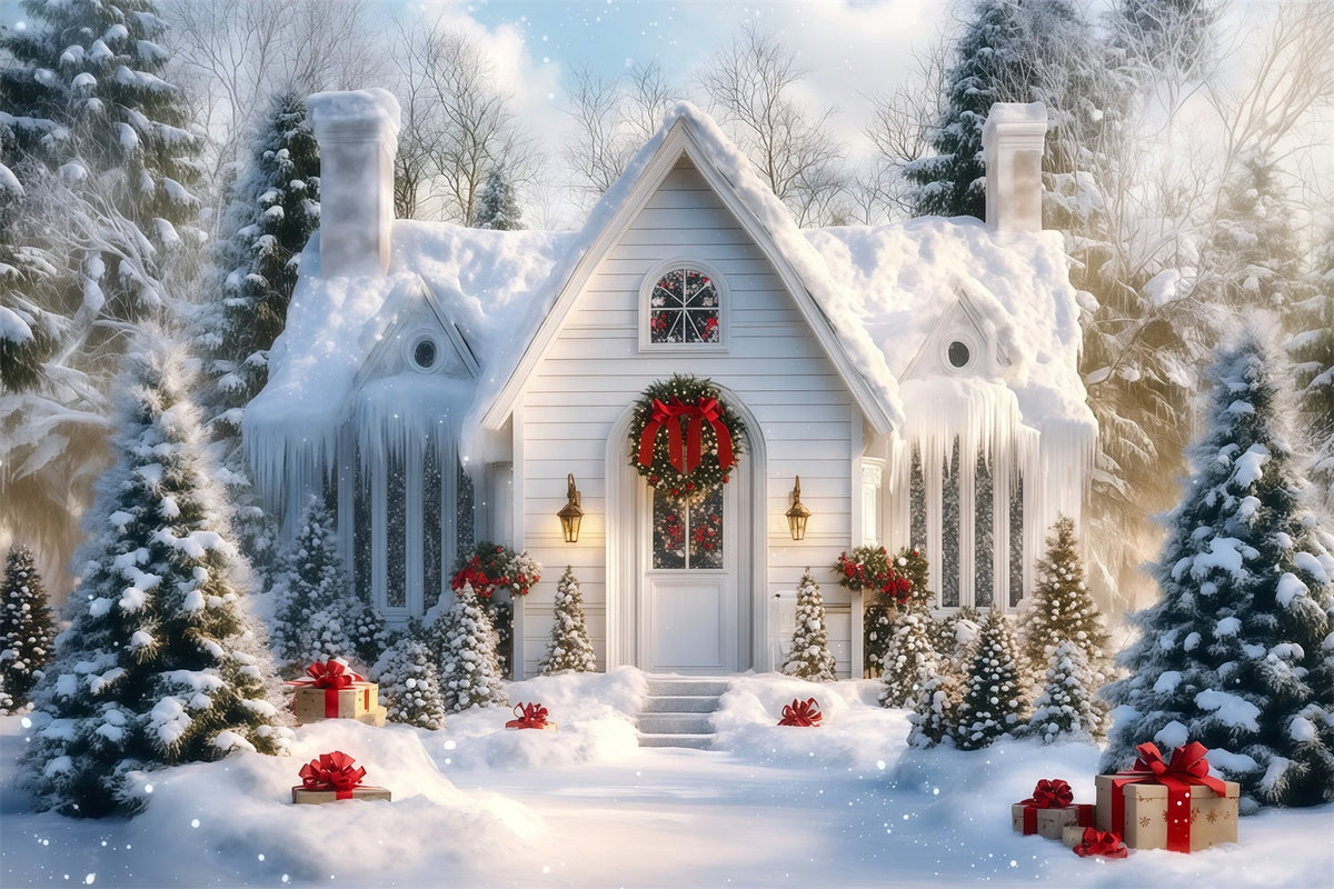 Verschneite Weihnachtskulisse Veranda Eines Winterweißen Ferienhauses Weihnachtshintergrund Aus Musselin RR69-88