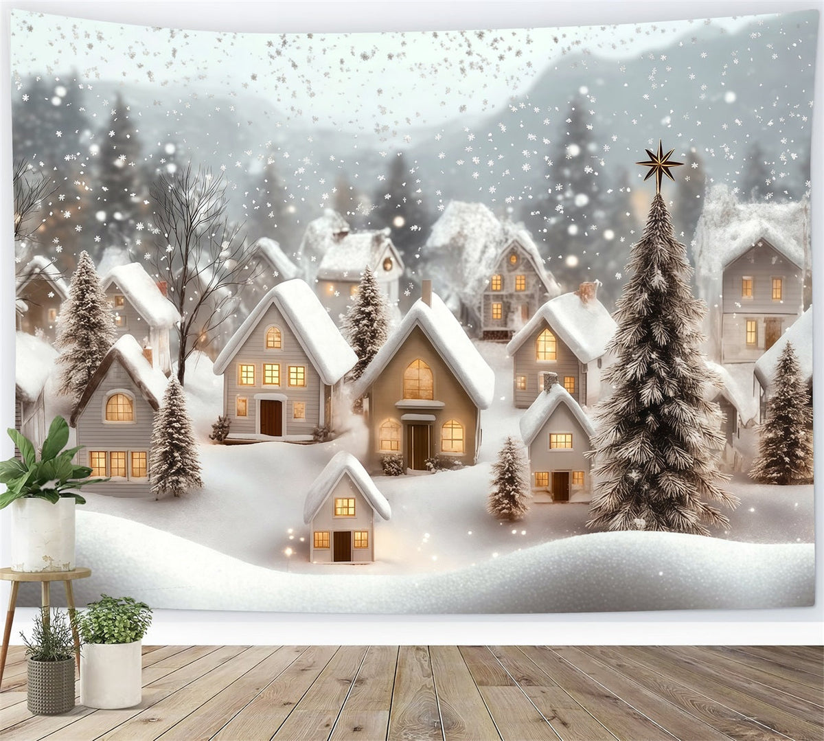 Winterliche Weihnachtskulisse Dorfschneefall-Glühen Musselin-Hintergrund Weihnachten RR69-89
