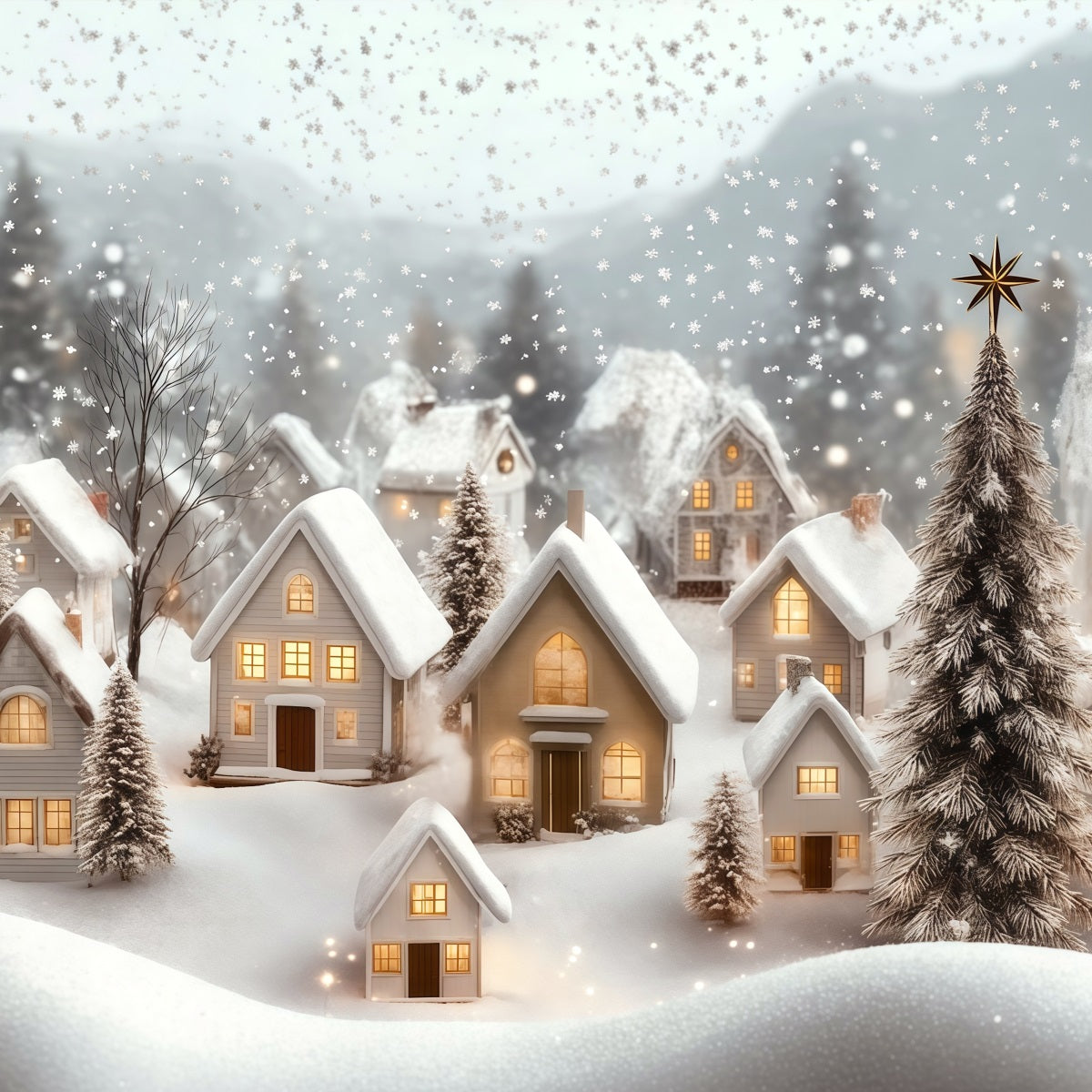 Winterliche Weihnachtskulisse Dorfschneefall-Glühen Musselin-Hintergrund Weihnachten RR69-89
