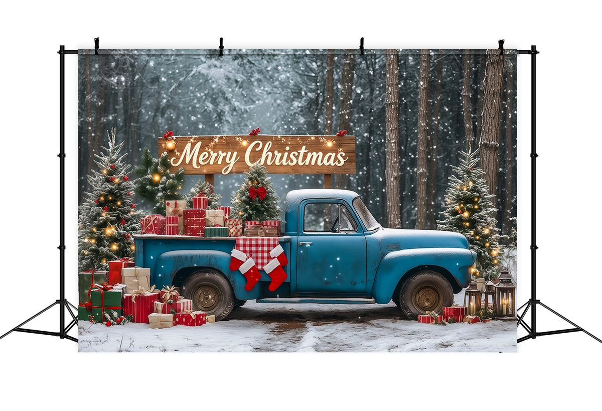 Weihnachtswald-Kulisse Blauer Vintage-Geschenkwagen Weihnachts-Fotohintergründe RR69-90
