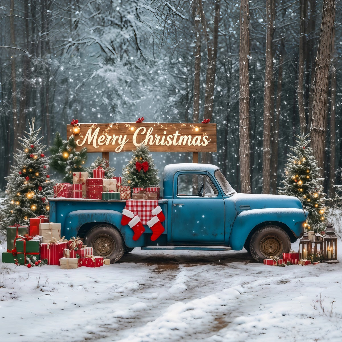 Weihnachtswald-Kulisse Blauer Vintage-Geschenkwagen Weihnachts-Fotohintergründe RR69-90