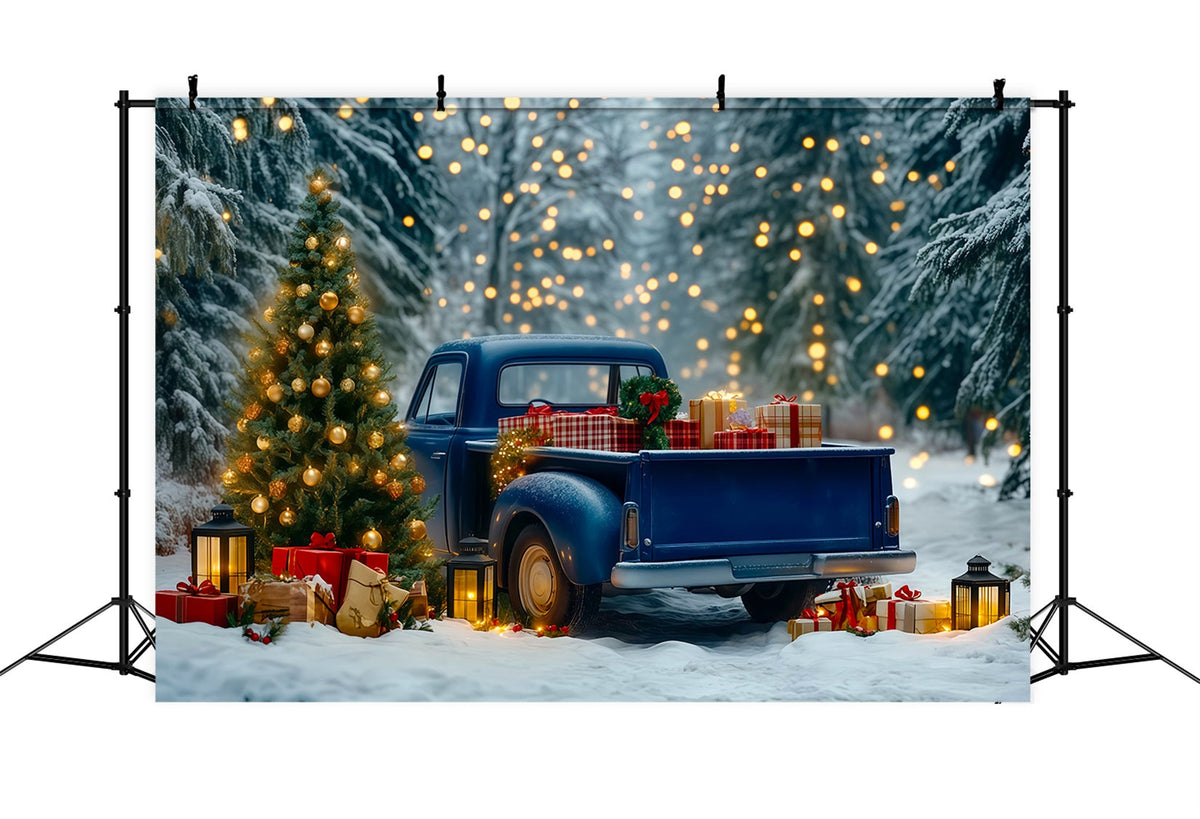 Weihnachtstruck-Hintergrund Blaue Pickup-Waldlichter Weihnachtliche Musselin-Hintergründe RR69-91