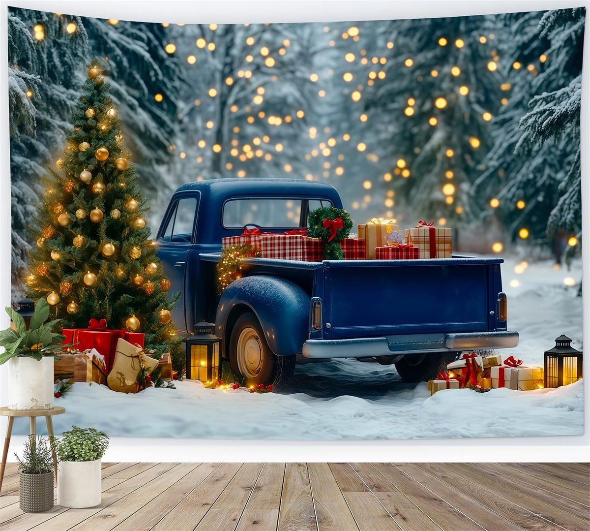 Weihnachtstruck-Hintergrund Blaue Pickup-Waldlichter Weihnachtliche Musselin-Hintergründe RR69-91