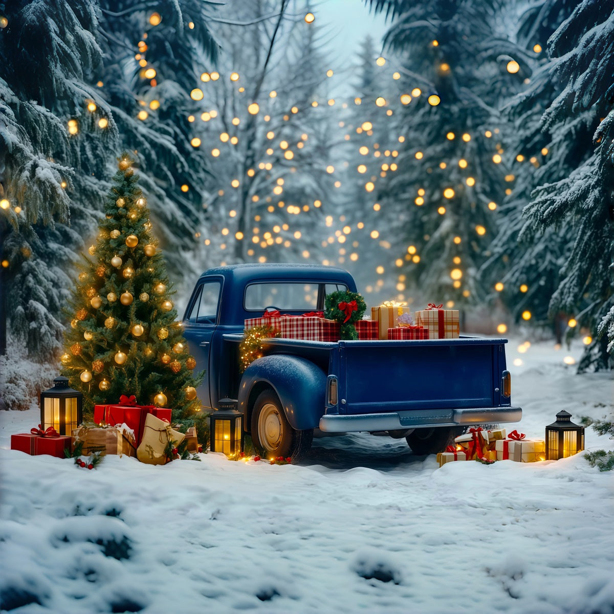 Weihnachtstruck-Hintergrund Blaue Pickup-Waldlichter Weihnachtliche Musselin-Hintergründe RR69-91