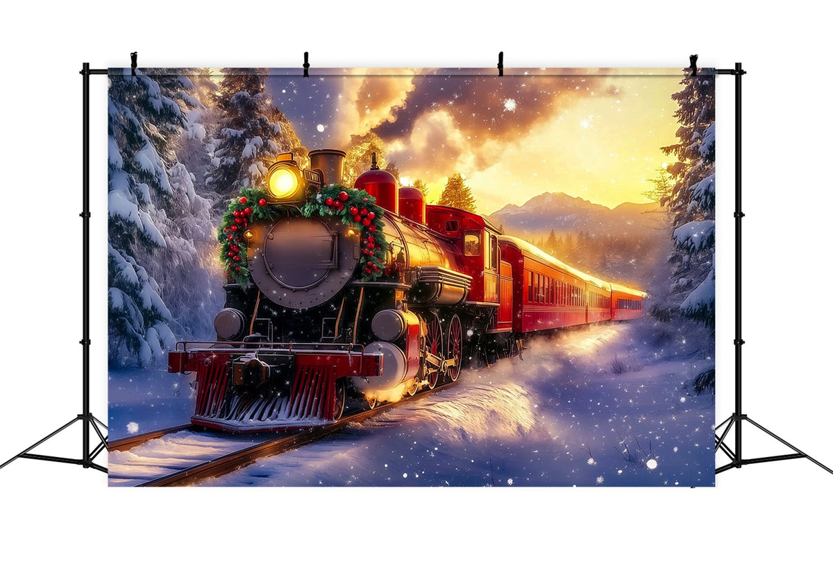 Weihnachtszug-Kulisse Golden Sunset Mountain Train Weihnachtsfotohintergrund RR69-94