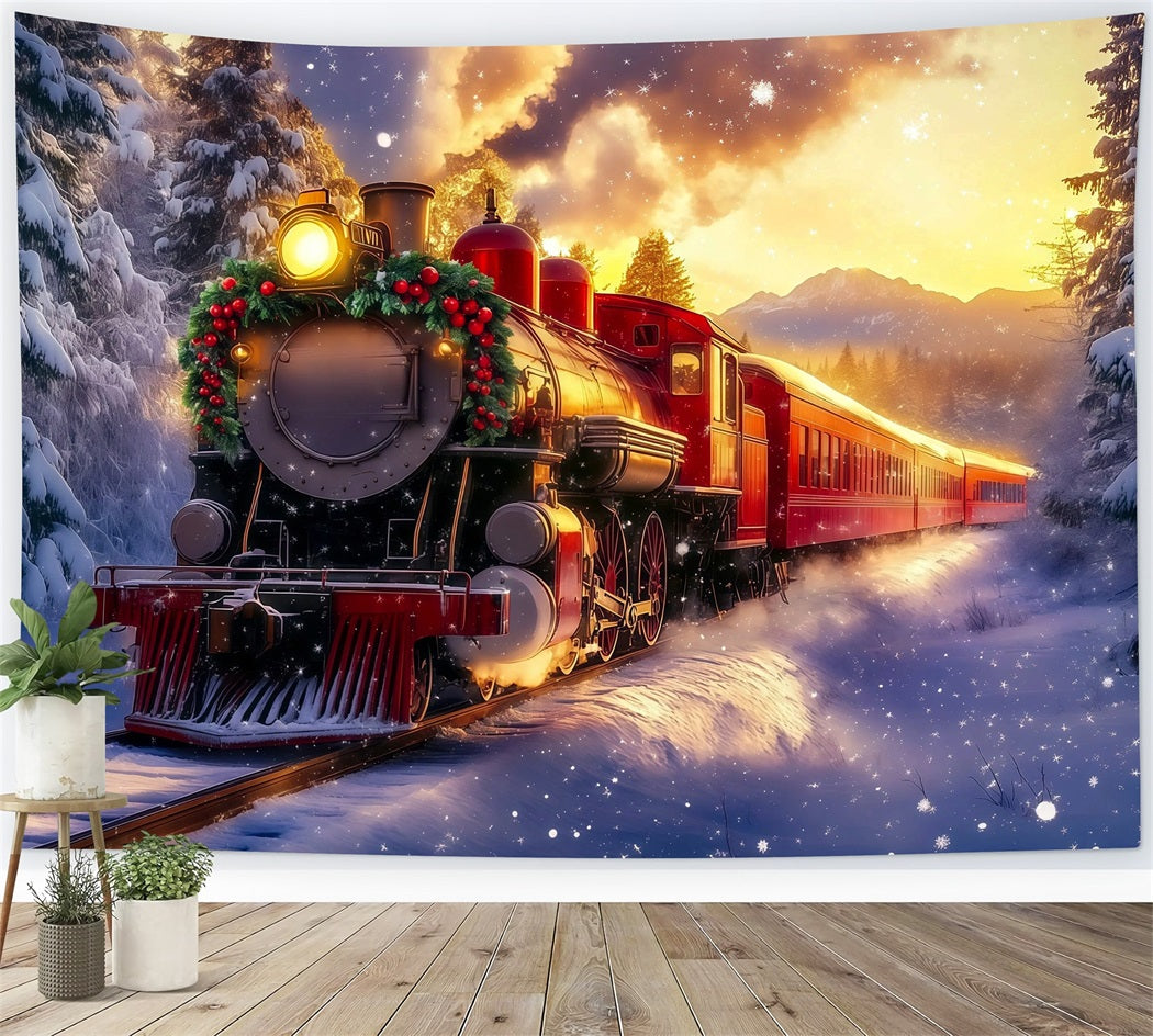 Weihnachtszug-Kulisse Golden Sunset Mountain Train Weihnachtsfotohintergrund RR69-94