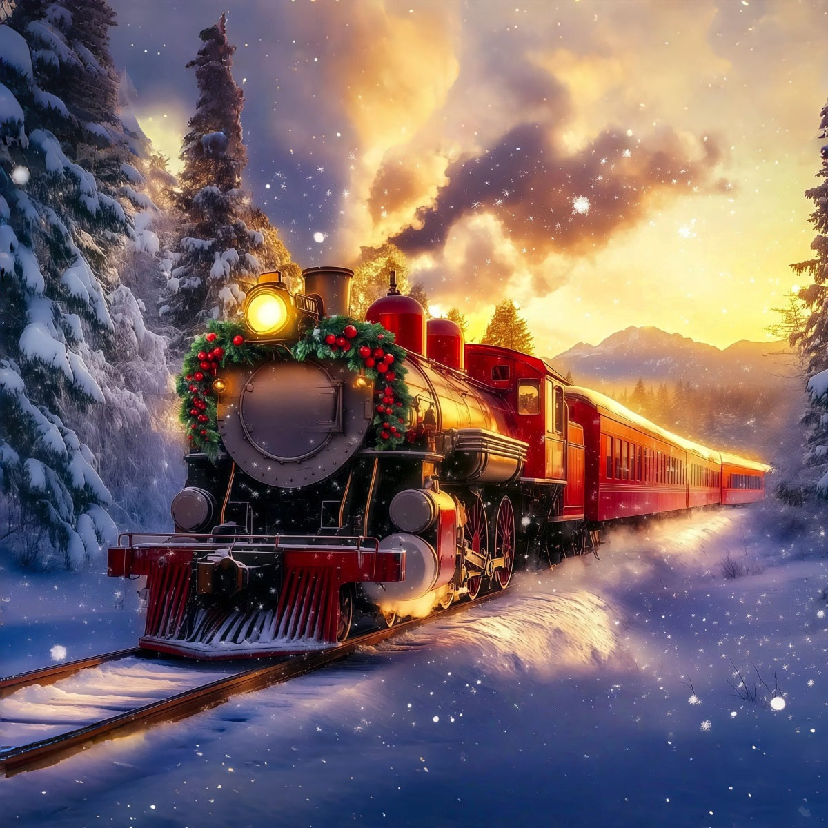 Weihnachtszug-Kulisse Golden Sunset Mountain Train Weihnachtsfotohintergrund RR69-94