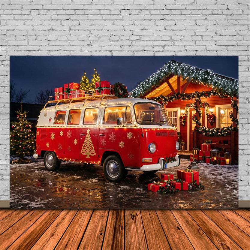 Weihnachtscamper-Fotografie-Hintergrund Gemütliche Hütte Im Roten Van Weihnachts-Fotohintergründe RR69-95