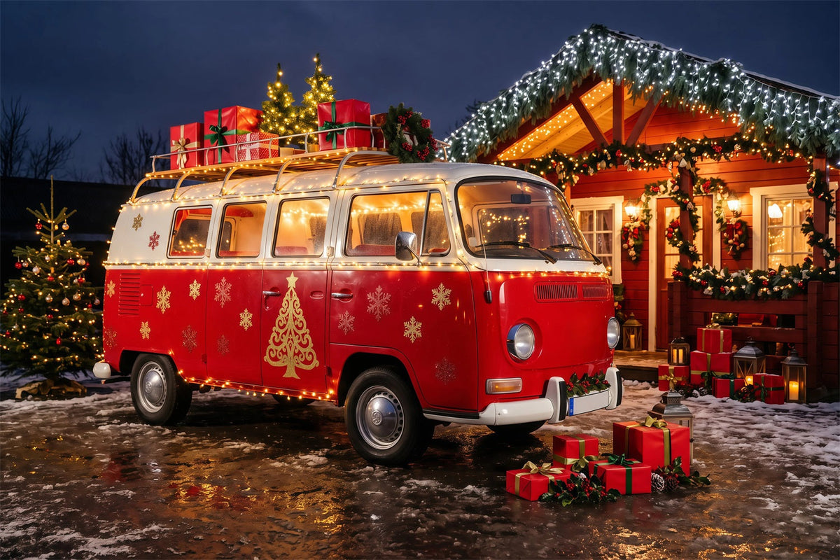 Weihnachtscamper-Fotografie-Hintergrund Gemütliche Hütte Im Roten Van Weihnachts-Fotohintergründe RR69-95