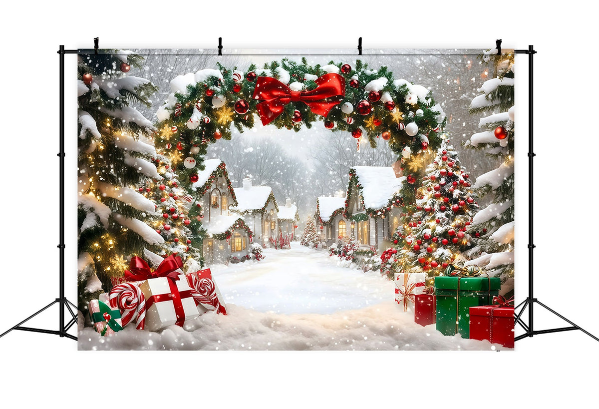 Weihnachtsdorf-Kulisse Schneebedeckter Hausgirlandenbogen Professionelle Weihnachtskulissen RR69-98