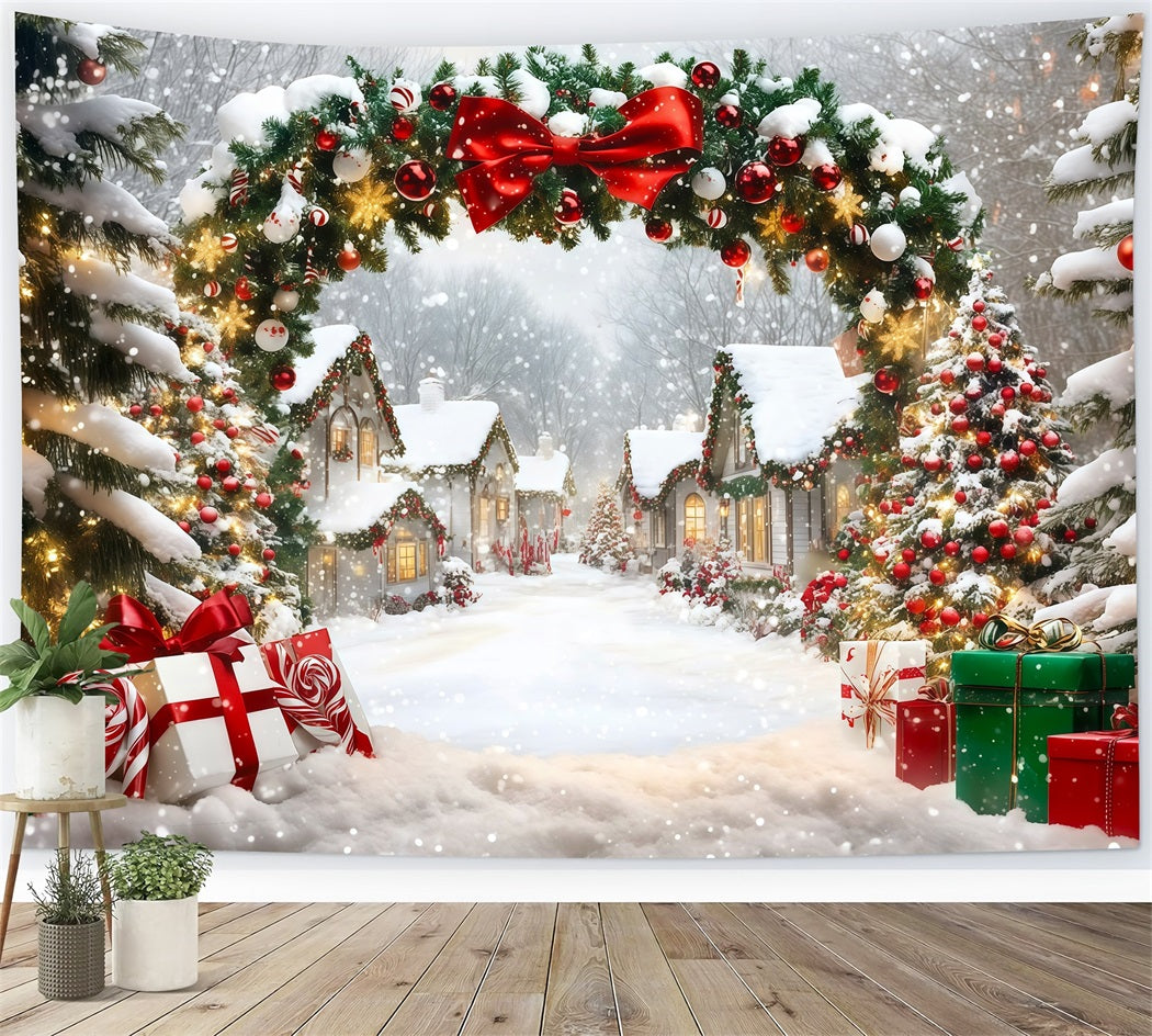 Weihnachtsdorf-Kulisse Schneebedeckter Hausgirlandenbogen Professionelle Weihnachtskulissen RR69-98